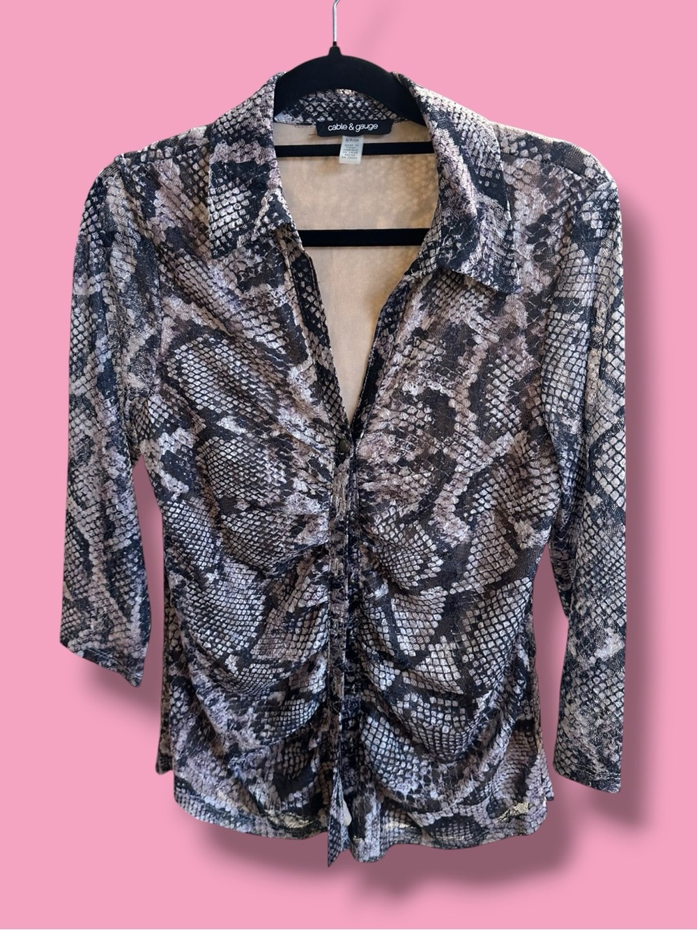 Cable & Gauge Snake-Print Ruched Button-Front Shirt in Gray and Black